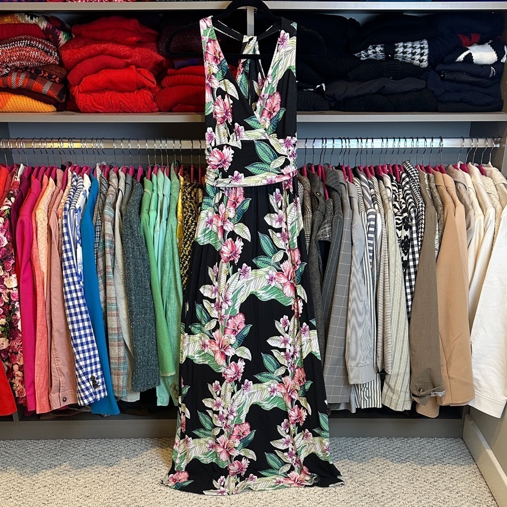 Tommy Bahama black/pink floral adjustable waistband v neck maxi dress size XS